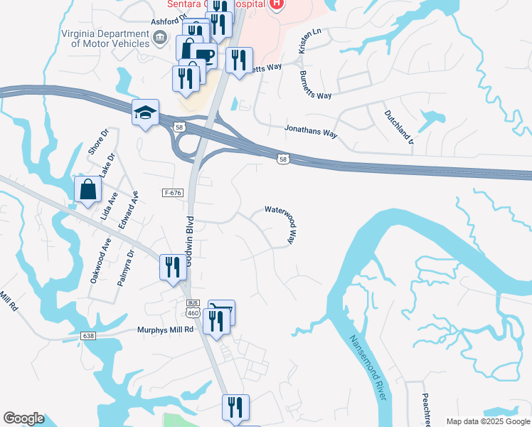map of restaurants, bars, coffee shops, grocery stores, and more near 204 Waterwood Way in Suffolk