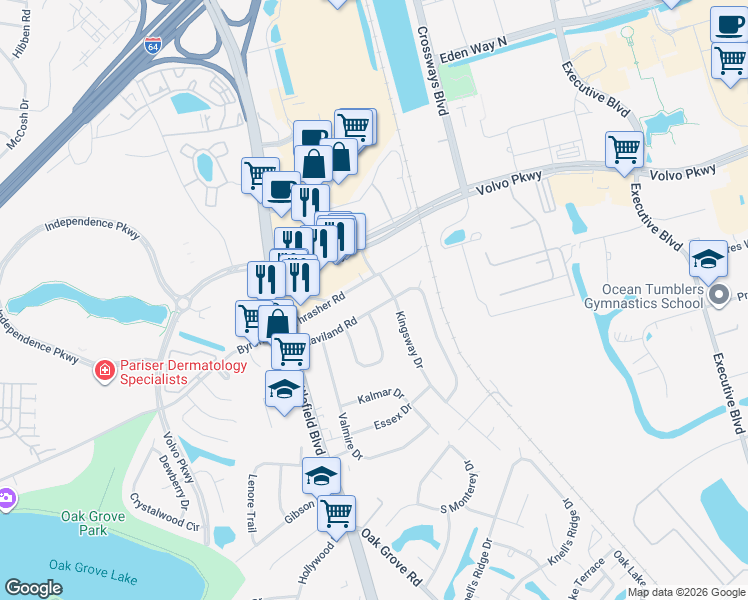 map of restaurants, bars, coffee shops, grocery stores, and more near 1301 Kingsway Drive in Chesapeake