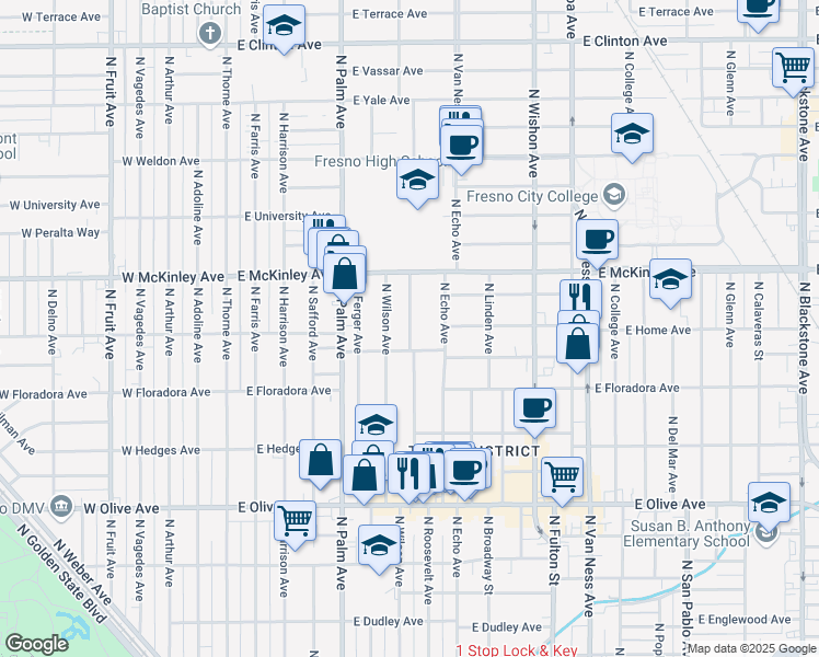 map of restaurants, bars, coffee shops, grocery stores, and more near 1495 North Roosevelt Avenue in Fresno