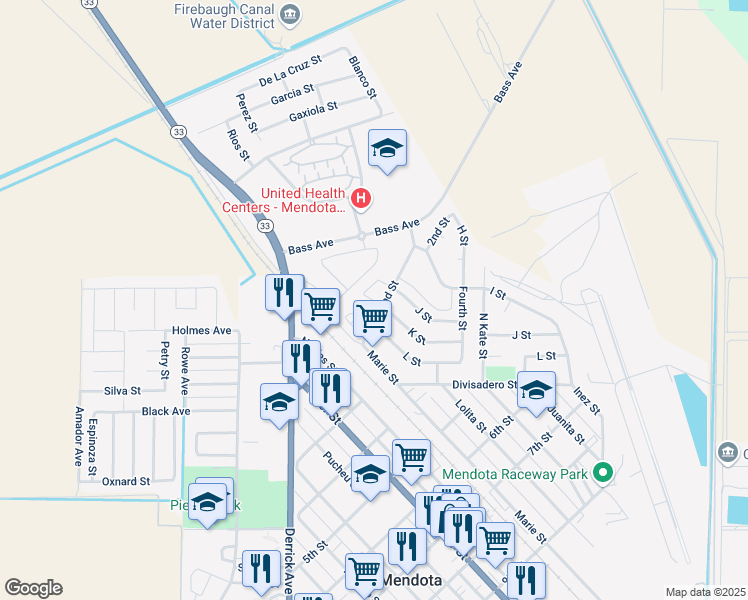 map of restaurants, bars, coffee shops, grocery stores, and more near 1100 2nd Street in Mendota