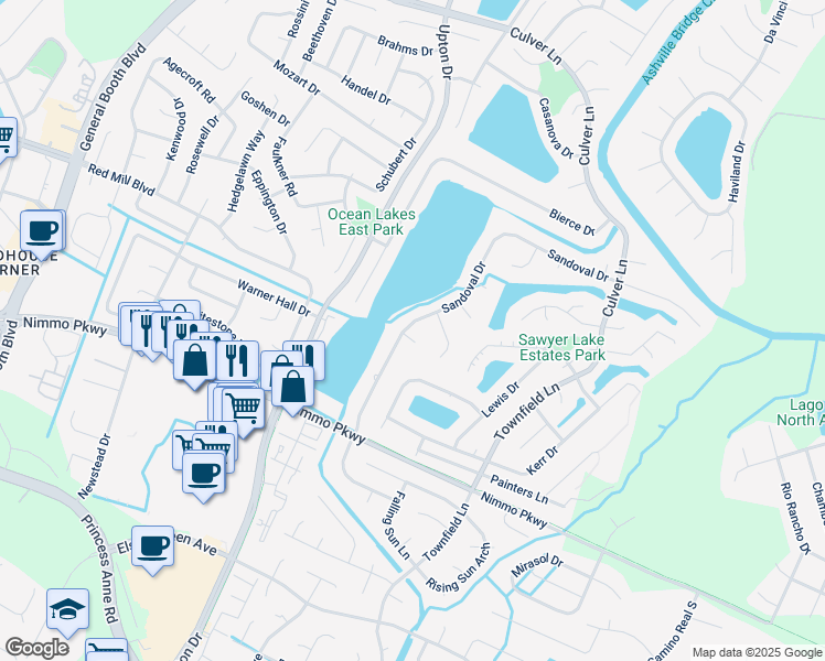 map of restaurants, bars, coffee shops, grocery stores, and more near 1009 Sandoval Drive in Virginia Beach