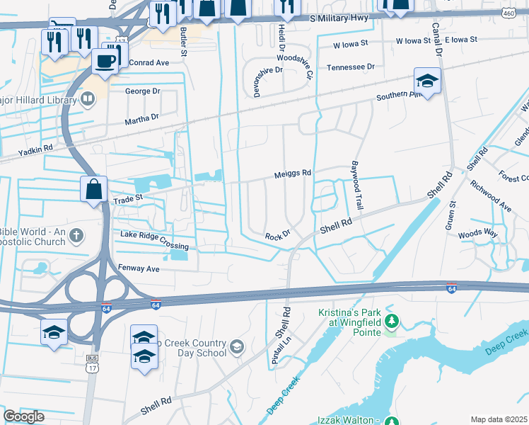 map of restaurants, bars, coffee shops, grocery stores, and more near 612 Lovegrove Avenue in Chesapeake