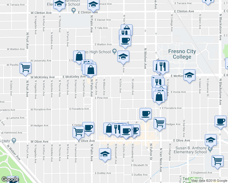 map of restaurants, bars, coffee shops, grocery stores, and more near 1515 North Echo Avenue in Fresno