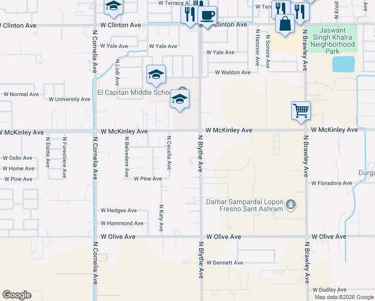 map of restaurants, bars, coffee shops, grocery stores, and more near 1743 North Blythe Avenue in Fresno