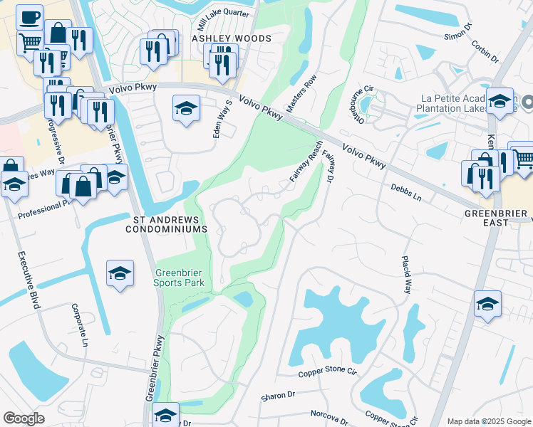map of restaurants, bars, coffee shops, grocery stores, and more near 1309 Quail Creek Hollow in Chesapeake