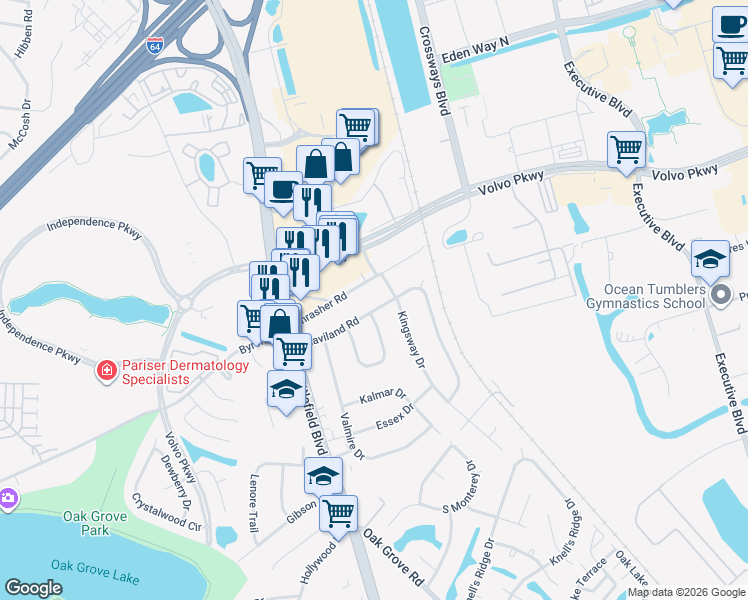 map of restaurants, bars, coffee shops, grocery stores, and more near 1301 Kingsway Drive in Chesapeake