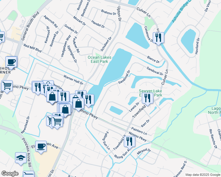 map of restaurants, bars, coffee shops, grocery stores, and more near 1009 Sandoval Drive in Virginia Beach