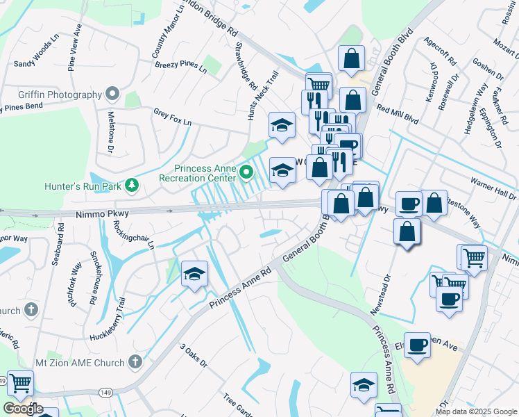 map of restaurants, bars, coffee shops, grocery stores, and more near 1311 Roman Drive in Virginia Beach