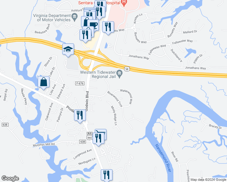 map of restaurants, bars, coffee shops, grocery stores, and more near 203 Waterwood Way in Suffolk