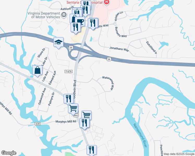 map of restaurants, bars, coffee shops, grocery stores, and more near 203 Waterwood Way in Suffolk