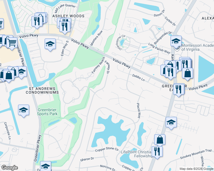 map of restaurants, bars, coffee shops, grocery stores, and more near 1304 Cambridge Way in Chesapeake
