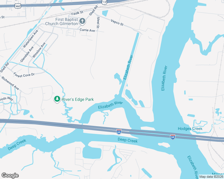 map of restaurants, bars, coffee shops, grocery stores, and more near 1500 Steel Street in Chesapeake