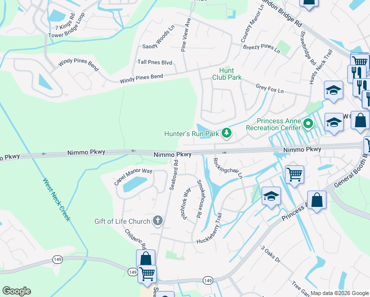 map of restaurants, bars, coffee shops, grocery stores, and more near 2629 Hunters Run Trail in Virginia Beach