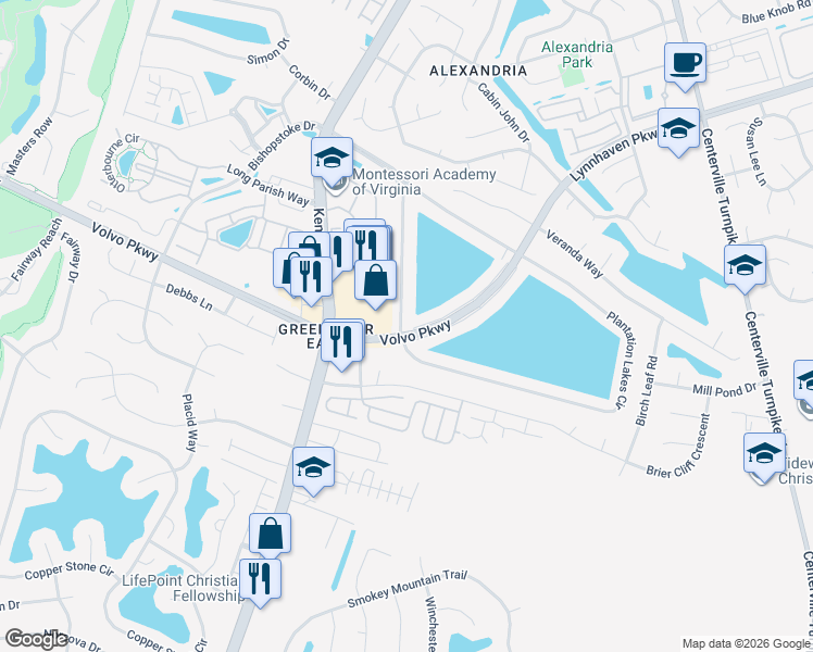 map of restaurants, bars, coffee shops, grocery stores, and more near 1714 Volvo Pkwy Service Road in Chesapeake