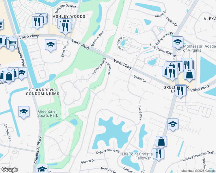 map of restaurants, bars, coffee shops, grocery stores, and more near 1304 Cambridge Way in Chesapeake