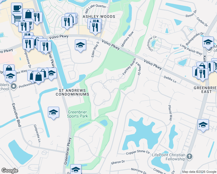 map of restaurants, bars, coffee shops, grocery stores, and more near 1309 Quail Creek Hollow in Chesapeake