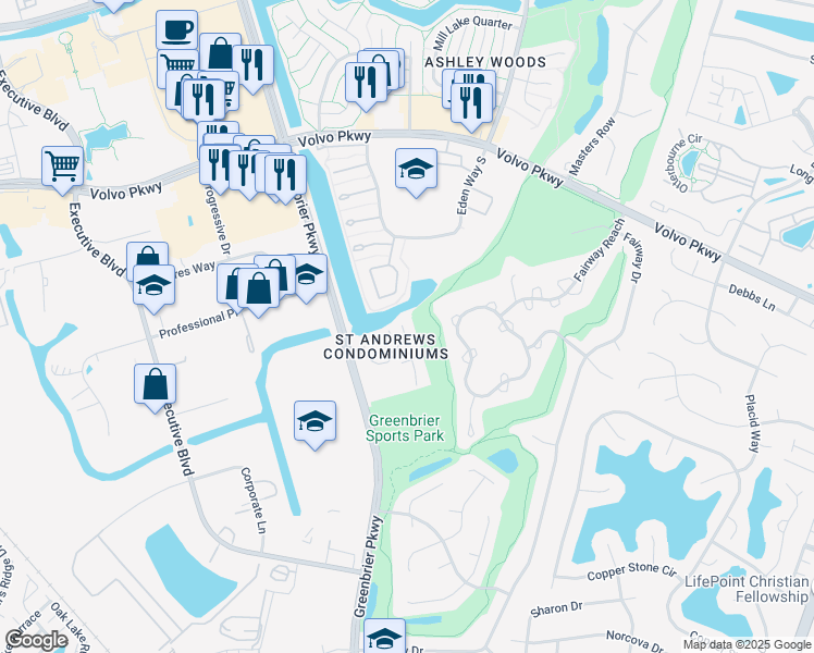 map of restaurants, bars, coffee shops, grocery stores, and more near 968d Saint Andrews Reach in Chesapeake