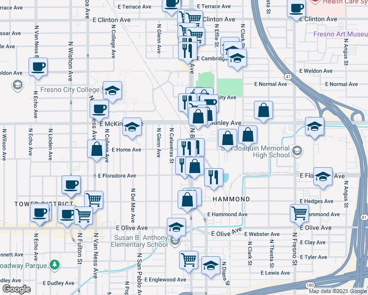 map of restaurants, bars, coffee shops, grocery stores, and more near 1661 East Home Avenue in Fresno