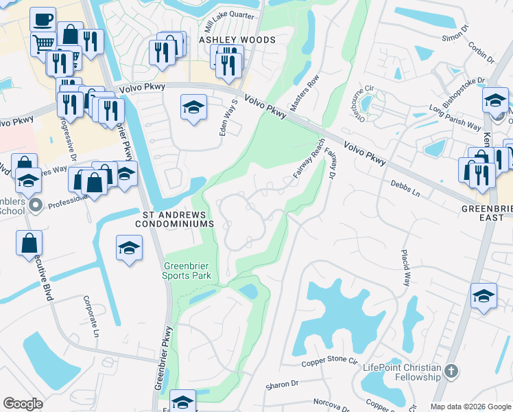 map of restaurants, bars, coffee shops, grocery stores, and more near 1309 Quail Creek Hollow in Chesapeake