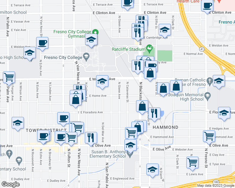 map of restaurants, bars, coffee shops, grocery stores, and more near 1503 North Glenn Avenue in Fresno