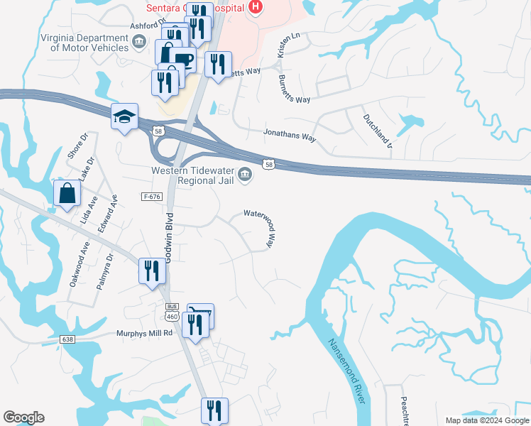 map of restaurants, bars, coffee shops, grocery stores, and more near 217 Waterwood Way in Suffolk