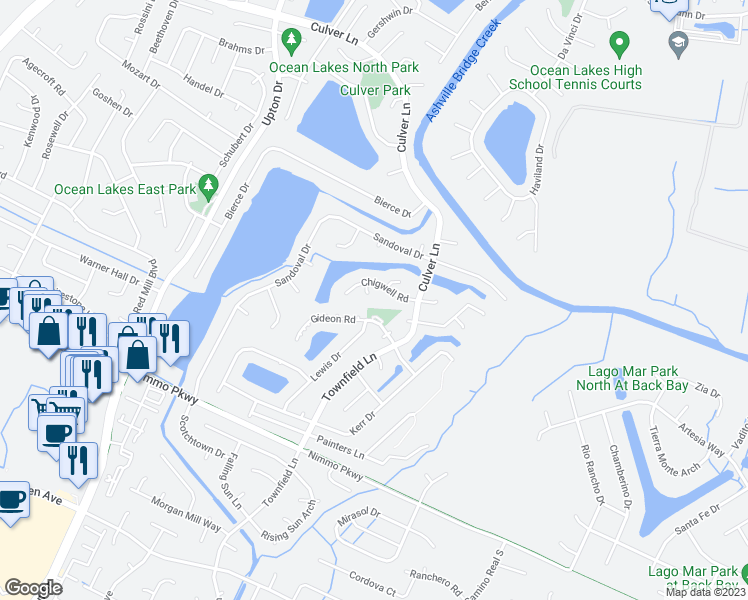map of restaurants, bars, coffee shops, grocery stores, and more near 1205 Cloquet Court in Virginia Beach
