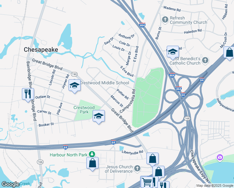 map of restaurants, bars, coffee shops, grocery stores, and more near 708 Potter Road in Chesapeake