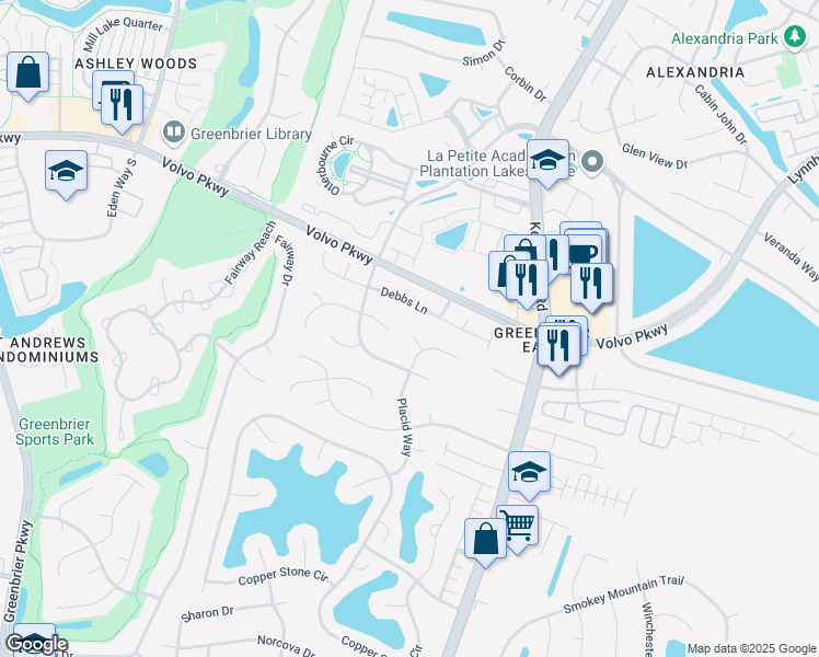 map of restaurants, bars, coffee shops, grocery stores, and more near 1210 Pebble Rock Court in Chesapeake