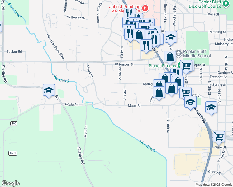 map of restaurants, bars, coffee shops, grocery stores, and more near 721 West Street in Poplar Bluff