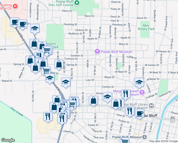 map of restaurants, bars, coffee shops, grocery stores, and more near 724 Mill Street in Poplar Bluff