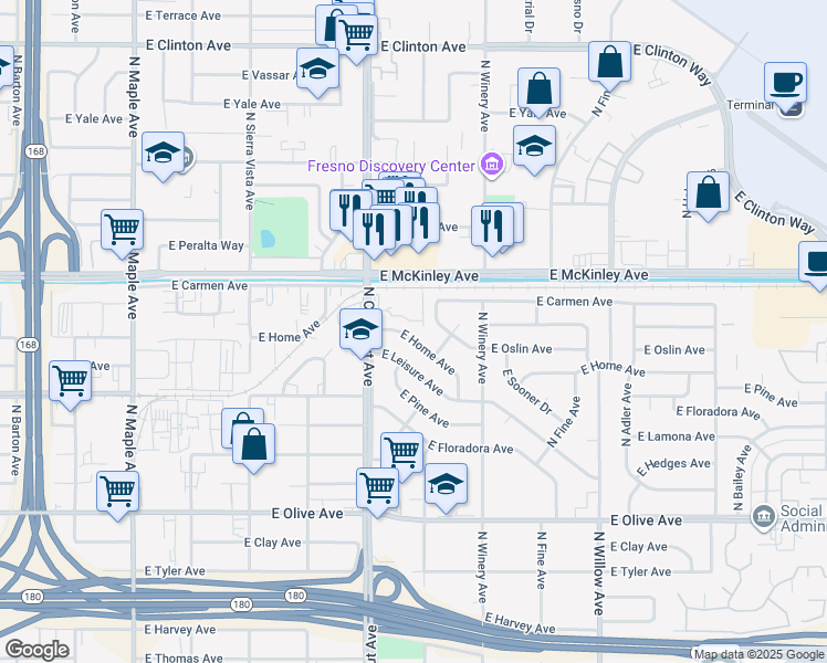 map of restaurants, bars, coffee shops, grocery stores, and more near 4839 East Home Avenue in Fresno