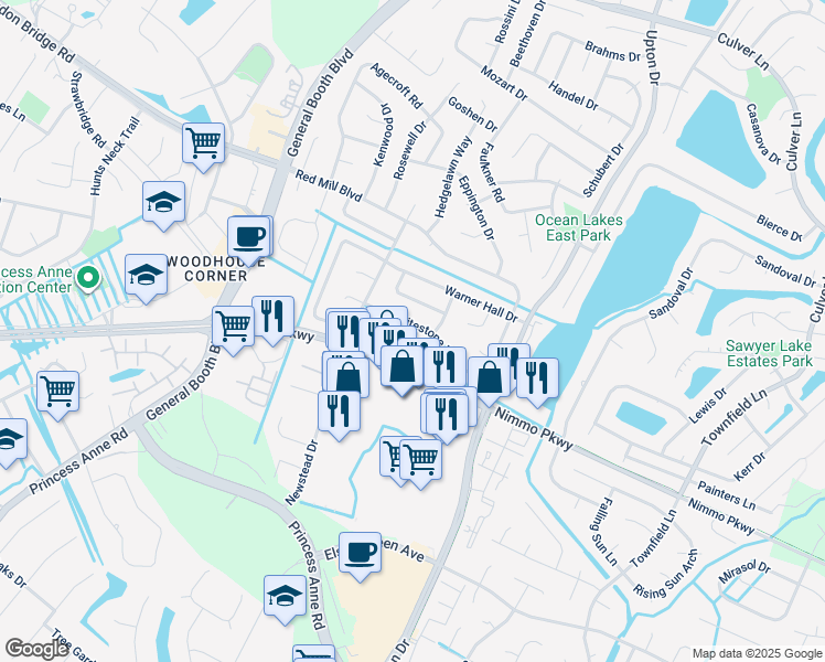 map of restaurants, bars, coffee shops, grocery stores, and more near 1149 Whitestone Way in Virginia Beach