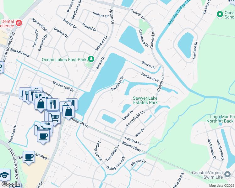 map of restaurants, bars, coffee shops, grocery stores, and more near 2109 Rockland Court in Virginia Beach