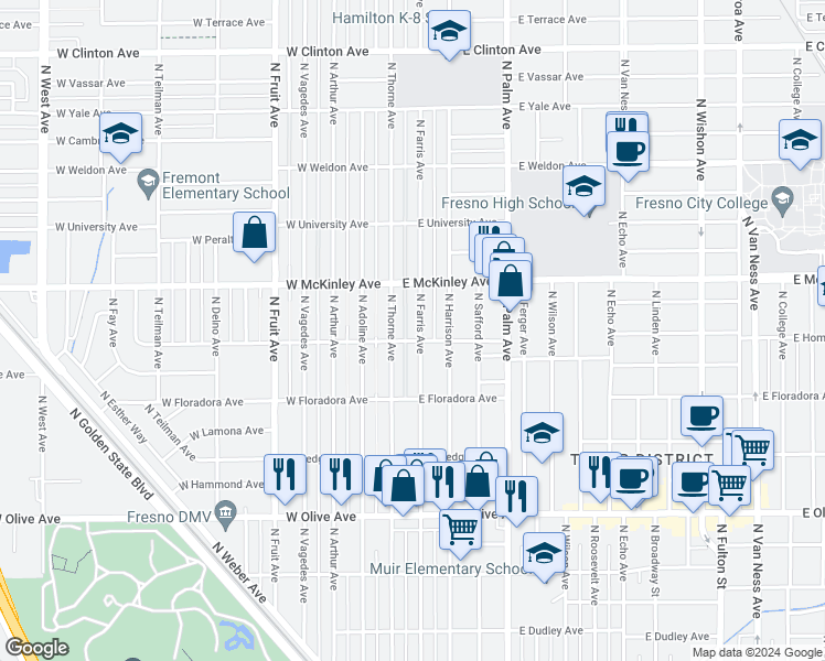 map of restaurants, bars, coffee shops, grocery stores, and more near 1515 North Farris Avenue in Fresno