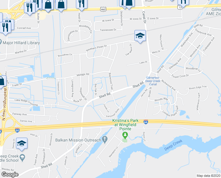map of restaurants, bars, coffee shops, grocery stores, and more near 604 Baywood Trail in Chesapeake
