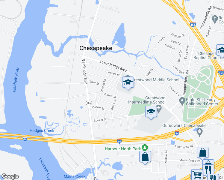 map of restaurants, bars, coffee shops, grocery stores, and more near 215 Grant Street in Chesapeake