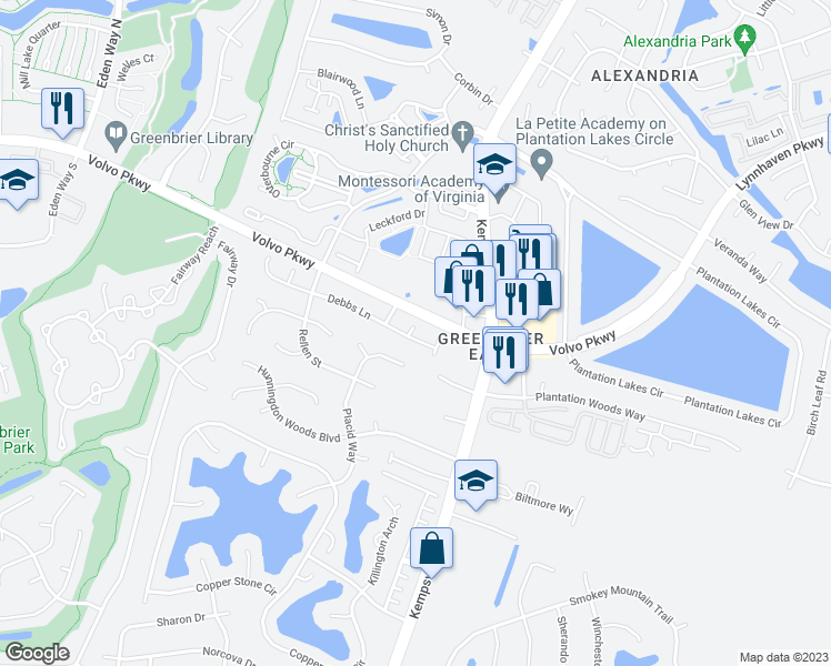 map of restaurants, bars, coffee shops, grocery stores, and more near 1513 Debbs Lane in Chesapeake