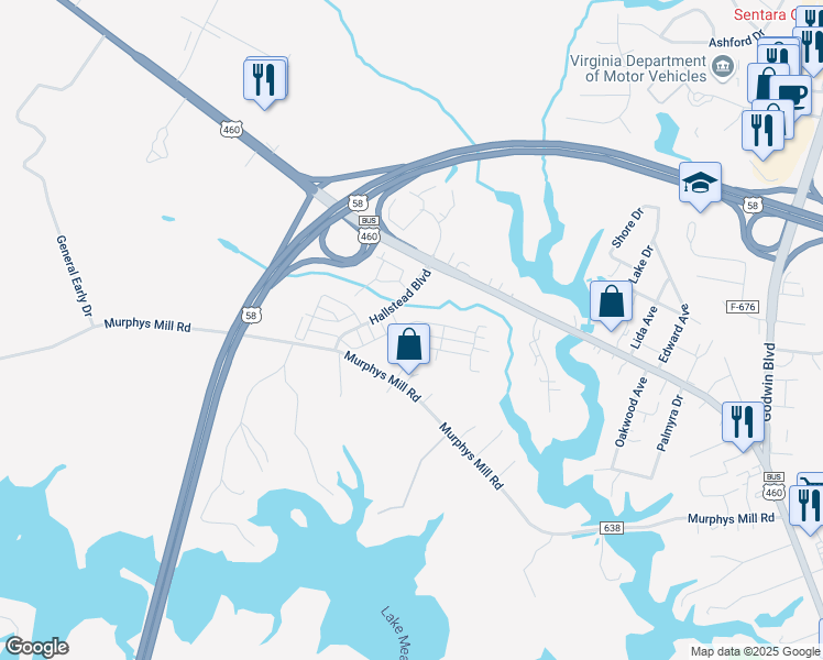 map of restaurants, bars, coffee shops, grocery stores, and more near 2575 Pruden Boulevard in Suffolk