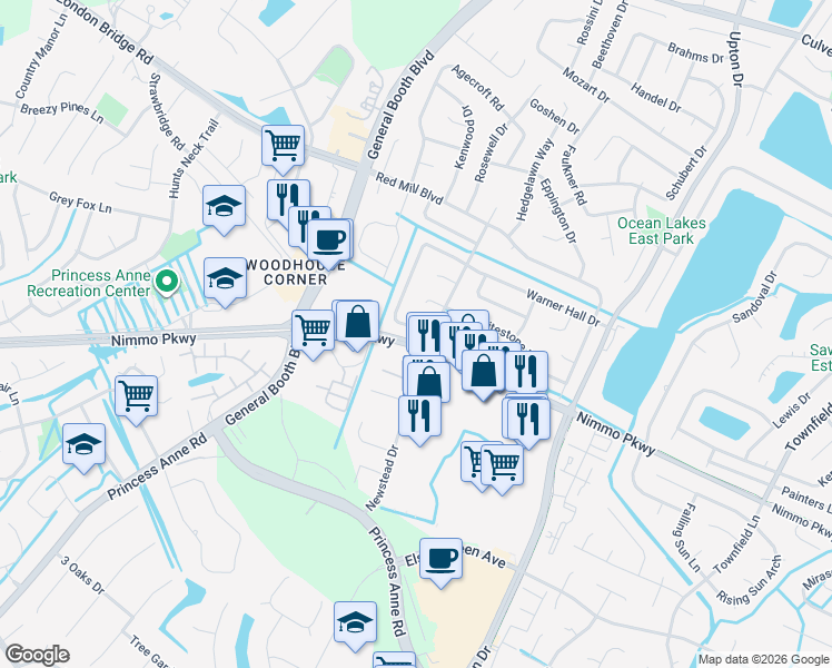 map of restaurants, bars, coffee shops, grocery stores, and more near 1296 Warner Hall Road in Virginia Beach