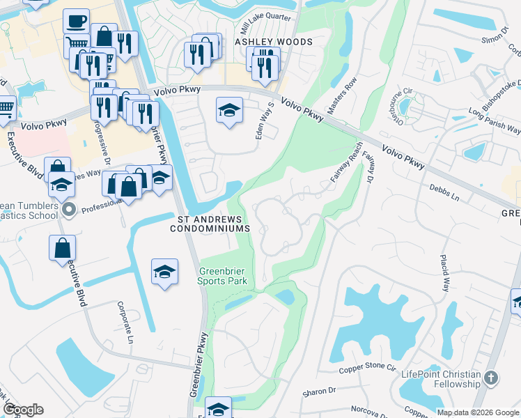 map of restaurants, bars, coffee shops, grocery stores, and more near 856 Shoal Creek Trail in Chesapeake