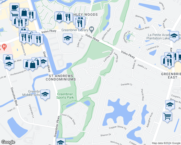 map of restaurants, bars, coffee shops, grocery stores, and more near 1119 Shoal Creek Trail in Chesapeake