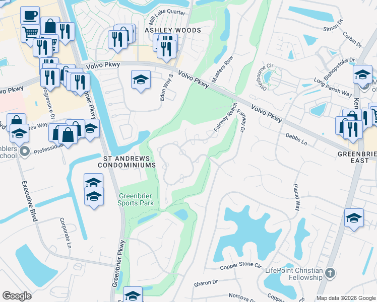 map of restaurants, bars, coffee shops, grocery stores, and more near 1309 Quail Creek Hollow in Chesapeake