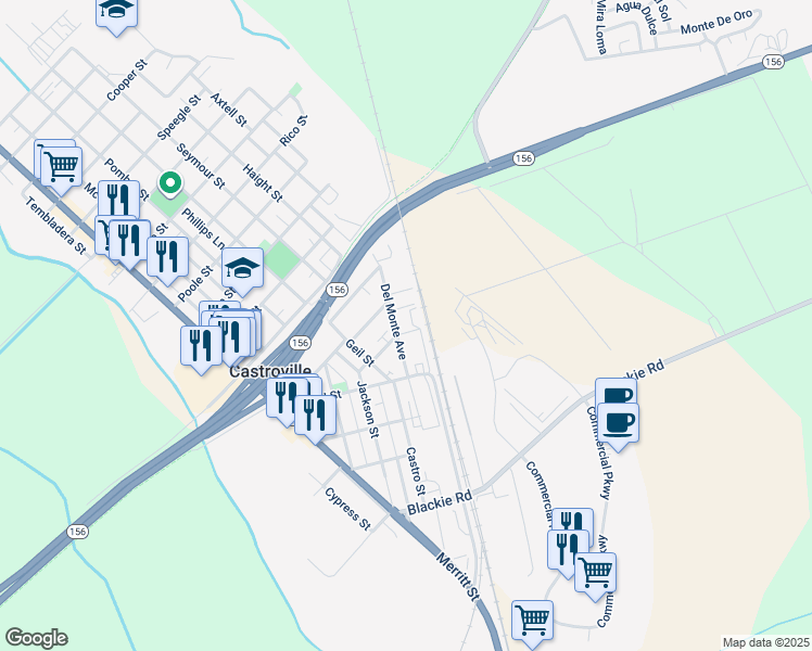 map of restaurants, bars, coffee shops, grocery stores, and more near 11437 Del Monte Avenue in Castroville