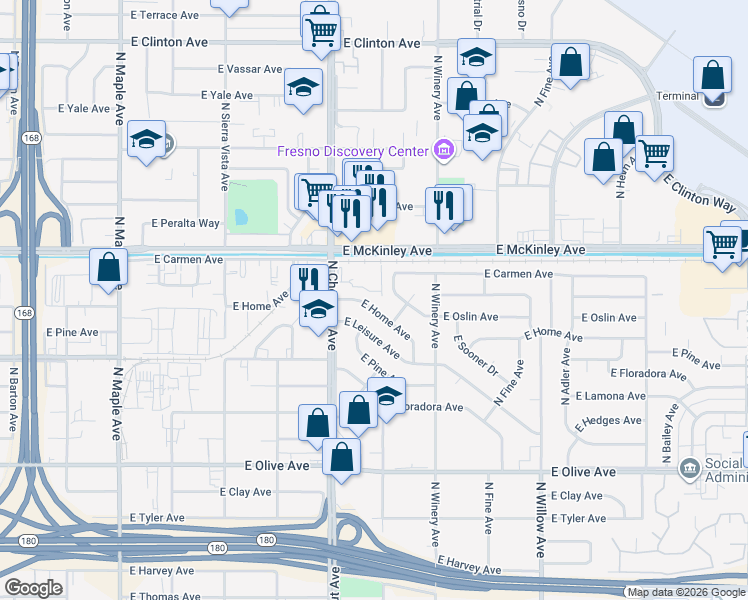 map of restaurants, bars, coffee shops, grocery stores, and more near 4839 East Home Avenue in Fresno