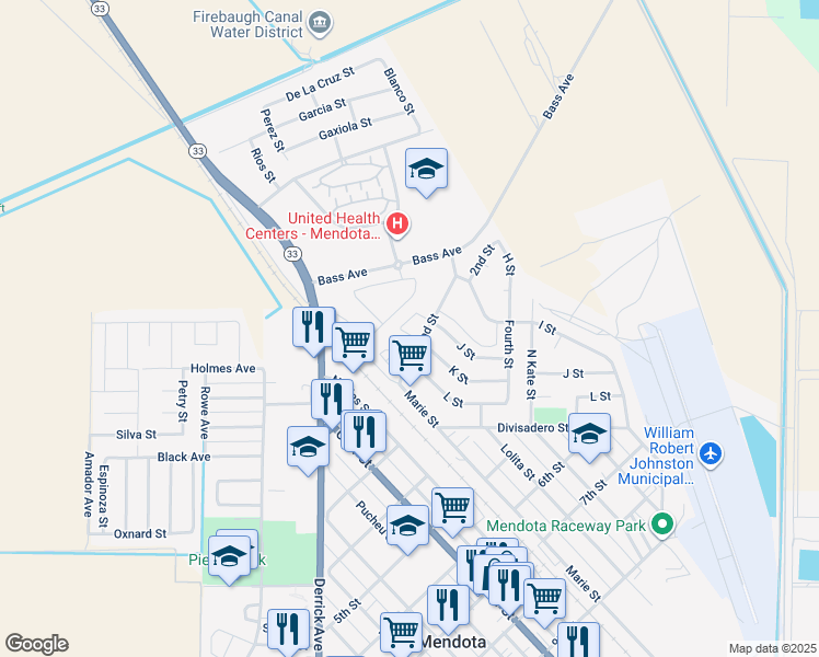 map of restaurants, bars, coffee shops, grocery stores, and more near 1100 2nd Street in Mendota