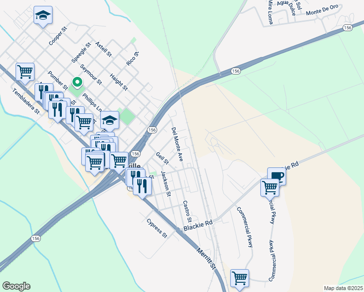 map of restaurants, bars, coffee shops, grocery stores, and more near 11437 Del Monte Avenue in Castroville