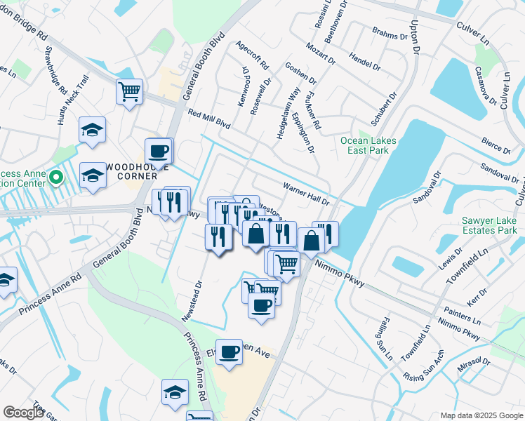 map of restaurants, bars, coffee shops, grocery stores, and more near 1149 Whitestone Way in Virginia Beach