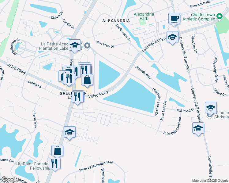 map of restaurants, bars, coffee shops, grocery stores, and more near 1751 Volvo Parkway in Chesapeake