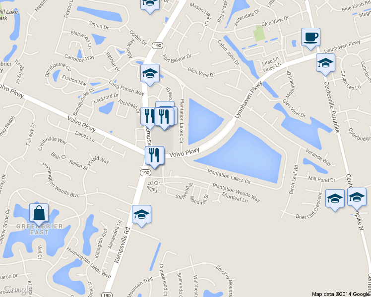 map of restaurants, bars, coffee shops, grocery stores, and more near 1714 Volvo Pkwy Service Road in Chesapeake