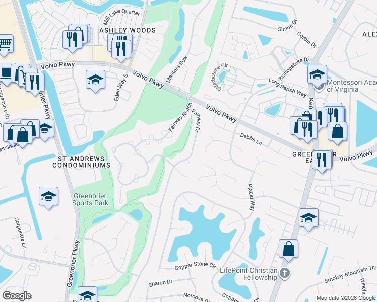 map of restaurants, bars, coffee shops, grocery stores, and more near 1308 Fairway Drive in Chesapeake